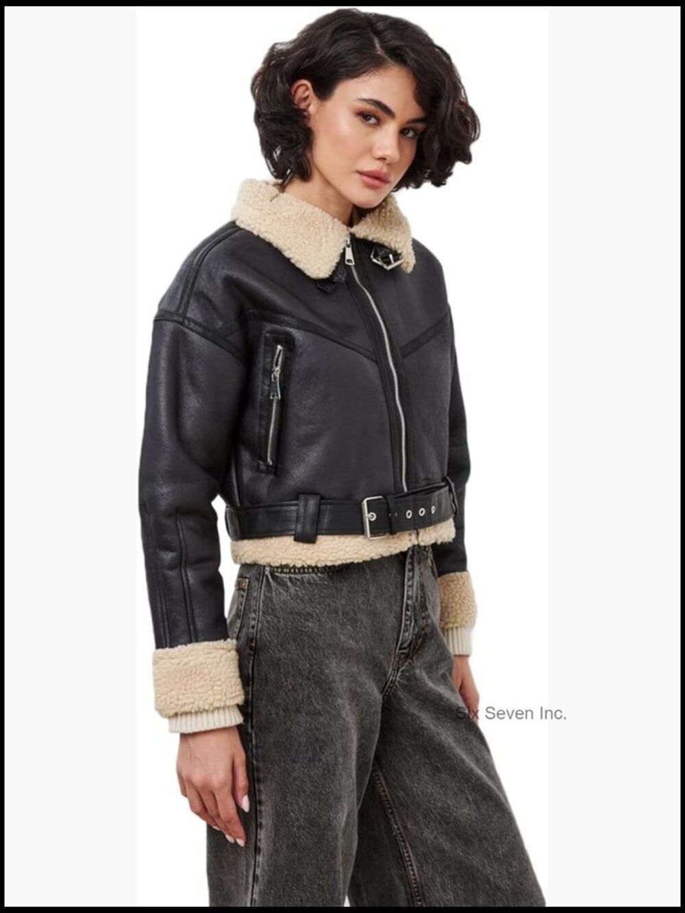 Faux Lamb Fur Leather Short Jacket Lapel Zipper Bomber Aviator Coat